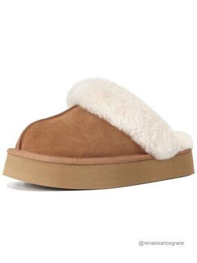 Fuzzy Platform Slippers Faux Suede Faux Fur Shearling Blend